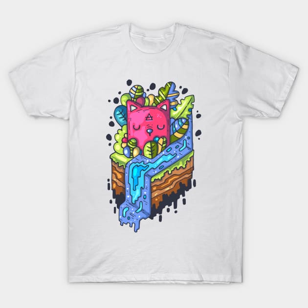 Cute graffiti pink cat among the undergrowth T-Shirt by BlindVibes